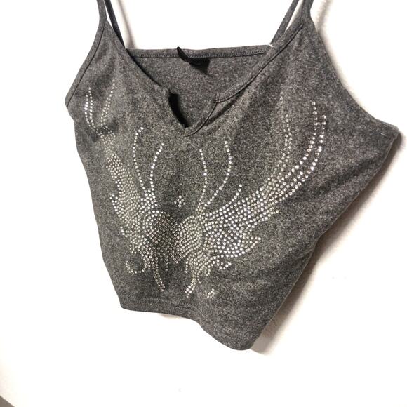 Rhinestone Spaghetti Strap Crop Top ROMWE SZ 6 Charcoal Heathered Gray - Picture 2 of 5